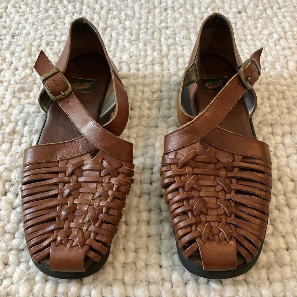 VTG 90's AEROSOLES Women's 9.5 Woven Huarache Leather Sandals Flat Buckle Shoes - Picture 3 of 8
